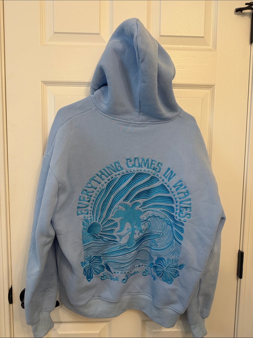 Pink Palm Puff “Everything Comes in  Waves” hoodie. Blue. Size Small. Good cond.